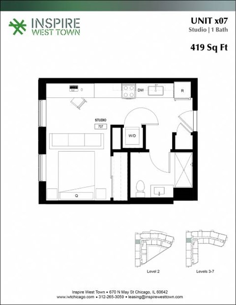 Floor plan for studio, 1 bath, 419 sqft
